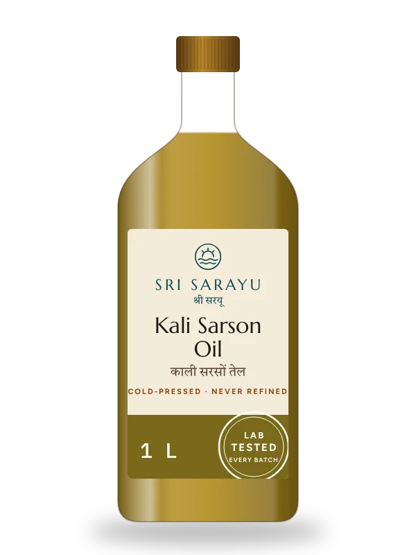 Kali Sarson Kachi Ghani Oil, front of pack